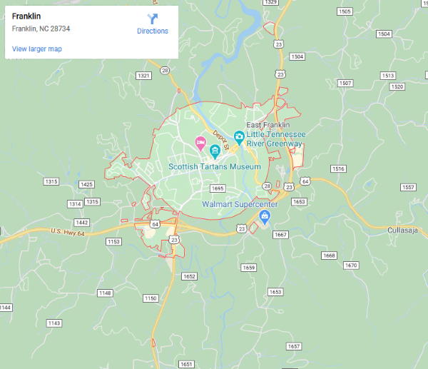 Map of Franklin, NC. Click for directions